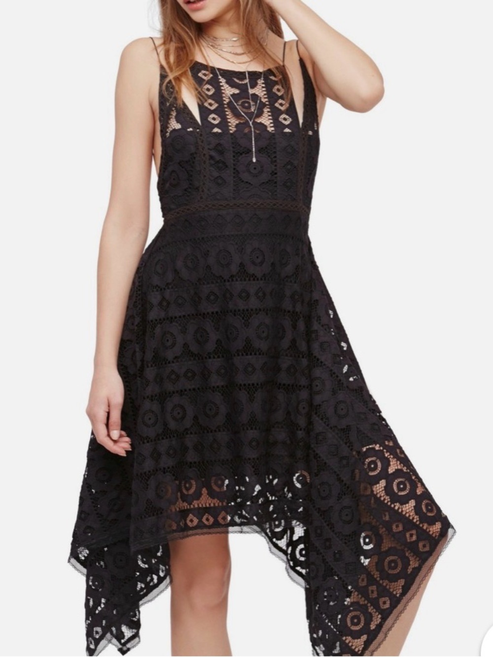 Free People, size 8, Just Like Honey black lace asymmetrical halter dress